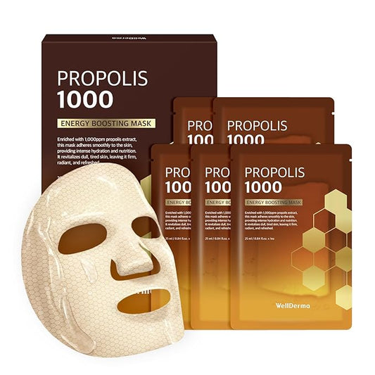 WELLDERMA Propolis 1000 Energy Boosting Sheet Mask – 5 Sheets | Korean Face Mask for Hydration, Vitality & Radiant Care | Infused with Propolis Extract 1,000ppm & Honey