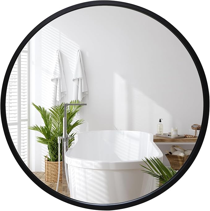 Americanflat 32" Round Mirror - Hanging Mirrors with Durable Frame - Modern Mirror for Bathroom, Bedroom, Living Room - Mirrors for Wall Display and Home Decor - Black