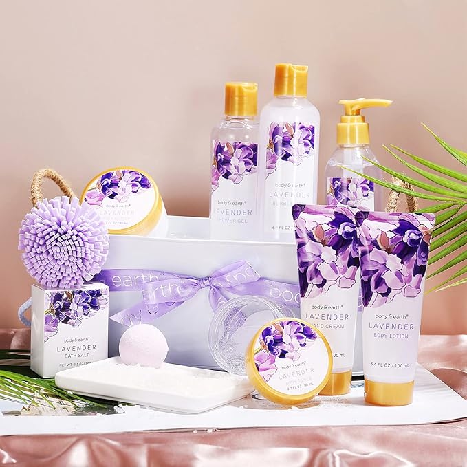 BODY & EARTH Gift Baskets - 11 Pcs Lavender Spa Gifts For Women with Bubble Bath Body Lotion Sets, Bath and Body Gifts Set For Women Christmas Gifts for Her Spa Gift Sets