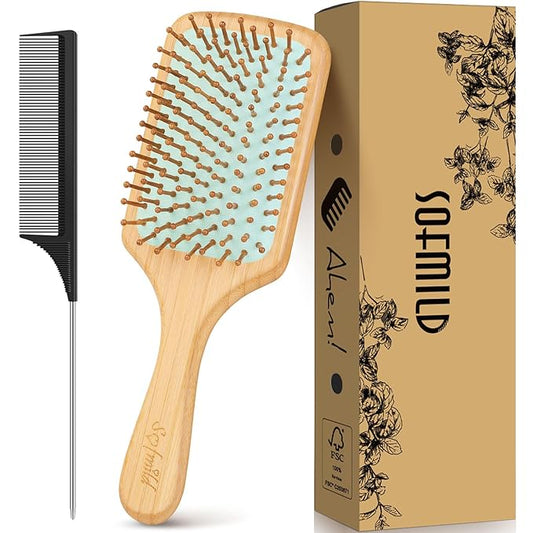Hair Brush-Sofmild Natural Bamboo Wood Paddle Detangle Brush&Teasing Edge Hairbrush Set for Women Men Massaging Scalp Brushing Curly Straight Dry Hair Care Daily