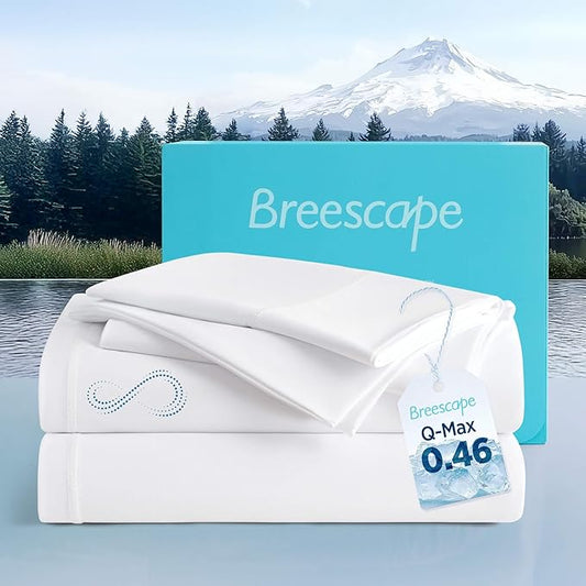 Breescape Cooling Sheet Set Twin Size - BlendTek™ Dry & Cool Technology for Hot Sleepers and Night Sweats, Q-Max>0.46 Tech, Deep Pocket Up to 18", 360° Elastic Band, Snow White