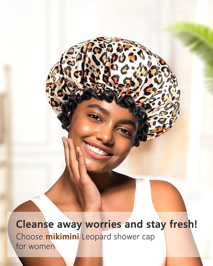 mikimini Leopard Medium Shower Caps Pack of 2,Shower Cap for Girls and Women with Black Lace,Reusable Waterproof Shower Hat for Girls