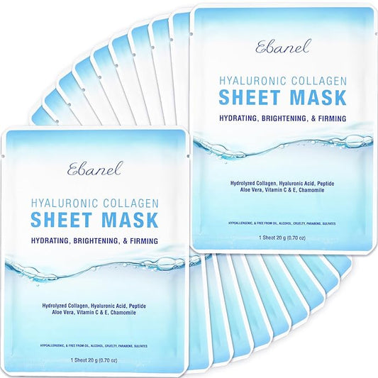 Ebanel 20 Pack Collagen Face Mask with Hyaluronic Acid, Vitamin C, Peptide, Aloe, Instant Brightening Hydrating Face Masks Skincare Korean Sheet Mask, Skin Firming, Lifting Anti Aging Facial Masks