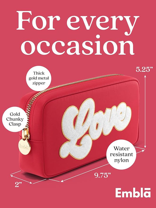 LOVE Valentine Makeup Bag Travel Cosmetics Pouch and Toiletry Bag, Nylon Zipper Pouch Purse, Cute Make Up Organizer Storage Tote for Women Girls, Waterproof Travel Skincare Case, Small Makeup Bags, Ruby