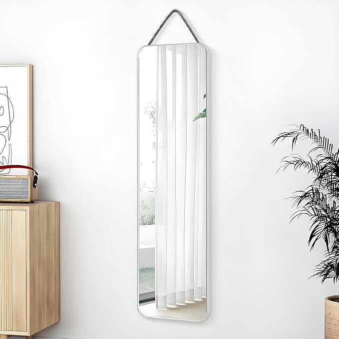47x14 Mirror Full Body Length Door Hanging Rope Hang Wall Mounted Metal Frame Rectangle Mirrors for Bedroom Bathroom Dressing Living Room 47 inch Silver