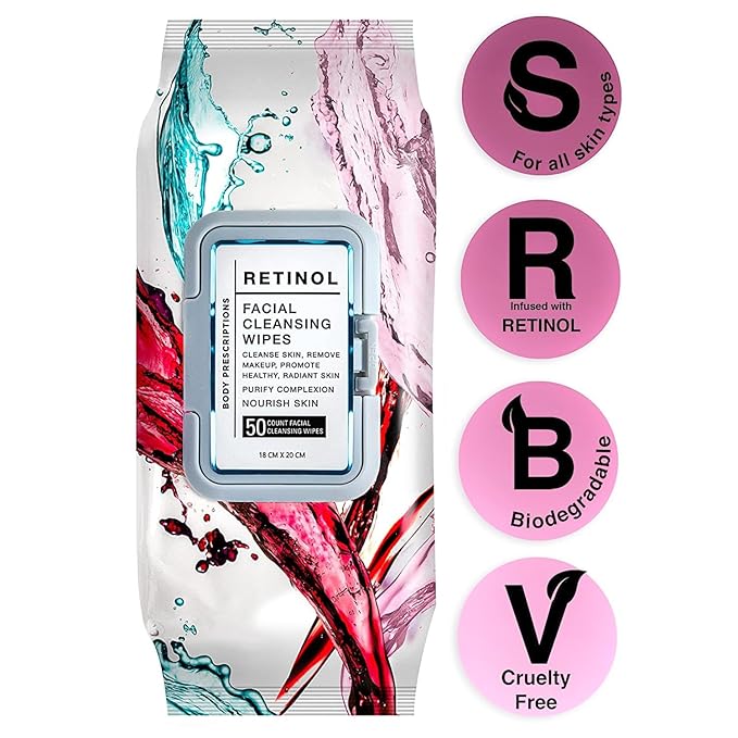 Body Prescription Makeup Cleansing Wipes - Gentle and Effective Face Wipes, 50 Count (Pack of 2), Retinol