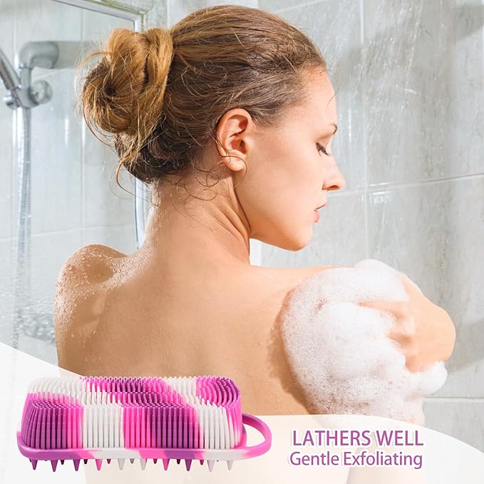 2 Pack Silicone Exfoliating Body Scrubber, 2 in 1 Body Brush & Hair Scalp Brush for Shower and Bath, Soft Silicone Loofah, Easy to Clean with Optimal Lathering (Black, Purple)