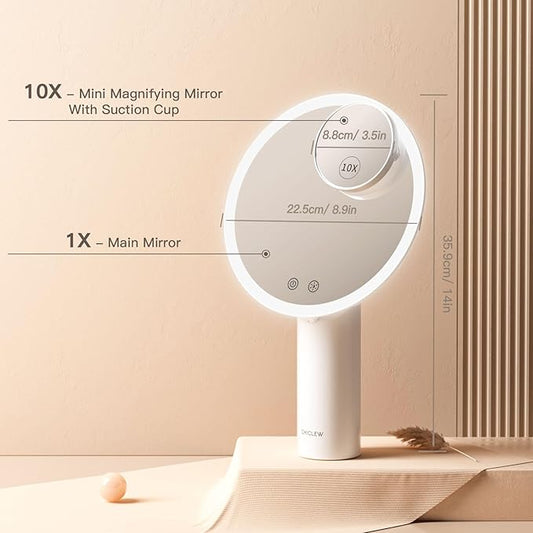 8.9" Lighted Makeup Mirror with 3 Colors, 1X/10X Touch Screen Magnifying Mirror with Light, Rechargeable Table Light up Mirror with Adjustable Stand, Brightness Dimmable Vanity Mirror