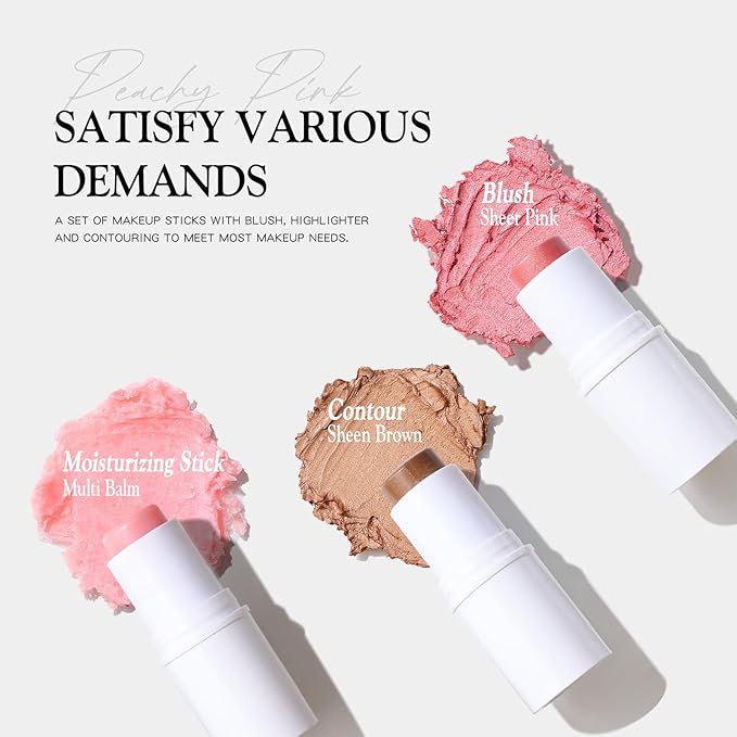 3 PCS Makeup Cream Contour Stick Set, Highlighter Stick & Bronzer Stick & Blush Stick, Long Lasting, Natural Face Contour, Dewy & Matte Finish, Multi Stick Trio for All Skin