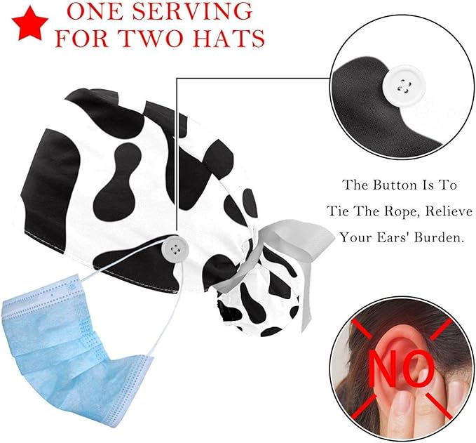 2 PCS Bouffant Cap with Button Ponytail Pouch Working Cap Sweatband Adjustable Surgical Cap Black and White Cow