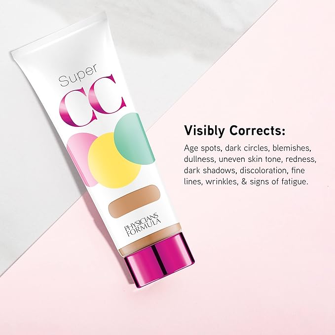 Physicians Formula Super CC+ Cream Color-Correction + Care Cream Full Coverage Light Foundation, Anti Aging Hydrating Serum, For Uneven Skin Tone, Dermatologist Approved