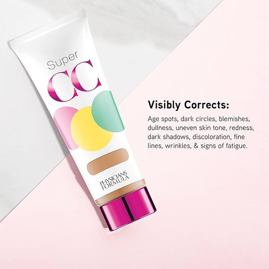Physicians Formula Super CC+ Cream Color-Correction + Care Cream Full Coverage Foundation, Anti Aging Hydrating Serum, For Uneven Skin Tone, Dermatologist Approved, Light