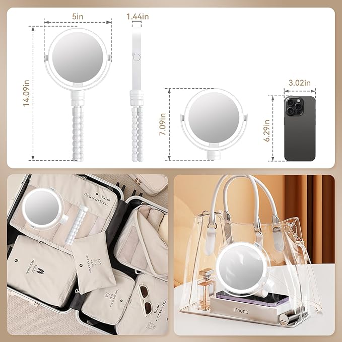 Makeup Mirror with Lights, 1x/10x Magnifying Mirror with Light & 3 Colors - Adjustable Brightness, 360° Rotating Portable Travel Makeup Mirror, Hanging/Handheld/Desktop Design,Vanity Mirrors for Women