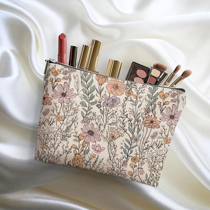 2pcs Vintage Floral Makeup Bag, Daisy Flower Cosmetic Bag Garden Gifts for Women Female Girls Sister BFF Nature Lover, Travel Zipper Pouch Christmas Thanksgiving Birthday Gifts