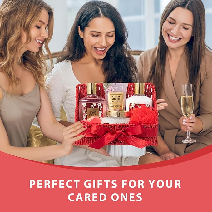 Bath and Body Gift Basket Set for Mothers Day - 9 Pcs Luxury Rose Spa Gift Basket Set for Women, Gift with Bath Bomb | Perfect Valentine's, Birthday, Christmas Gifts for Her, Gift for Mom All Occasion