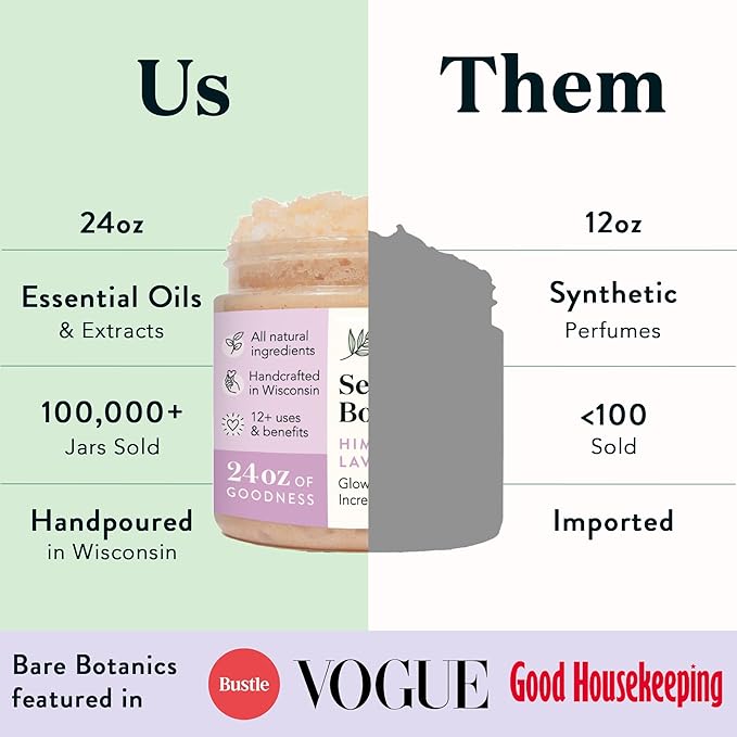 Bare Botanics Lavender Citrus Body Scrub 24oz | Made in Madison, WI | All Natural Himalayan Salt Exfoliator Skin Loving Moisturizers | Vegan & Cruelty Free | Gift Ready Packaging w/a Cute Wooden Spoon