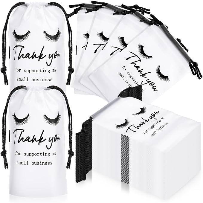 Abbylike 100 Pcs Eyelash Aftercare Lash Bags for Clients Eye Lash Print Drawstring Makeup Bag Empty Beauty Gift Cosmetic Sample Pouch for Women Small Business Supplies, 4 x 6 in(White)