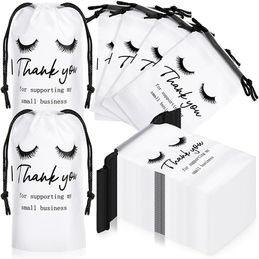 Abbylike 100 Pcs Eyelash Aftercare Lash Bags for Clients Eye Lash Print Drawstring Makeup Bag Empty Beauty Gift Cosmetic Sample Pouch for Women Small Business Supplies, 4 x 6 in(White)