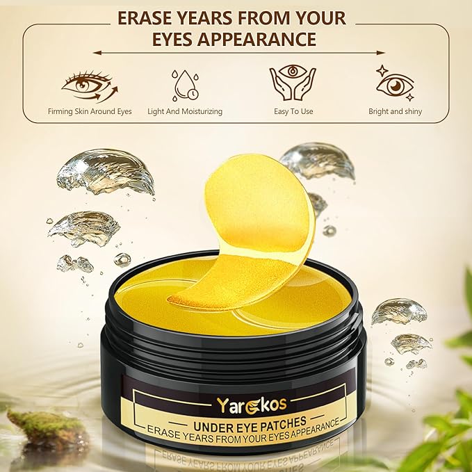 24K Gold Eye Mask 60Pcs, 5 Portable Golden Collagen Under Eye Patches, 30 Pairs Women Men Hydrating Undereye Gel Pads for Dark Circles Puffy Eyes Puffiness Wrinkle Eye Bag Treatment