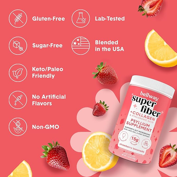 Bellway Super Fiber Powder + Collagen, Sugar-Free Psyllium Husk Powder with Collagen Peptides and Hyaluronic Acid for Gut Health, Healthy Skin, Nails, Bones & Joints, Strawberry Lemonade (11.46 oz)