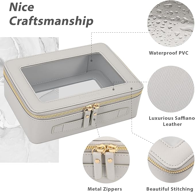 Aveniee Clear Makeup Bag for Women, Large Cosmetic Case Travel Toiletry Bag, Heavy Duty Makeup Organizer with Clear Windows & Gold Zippers(Grey)