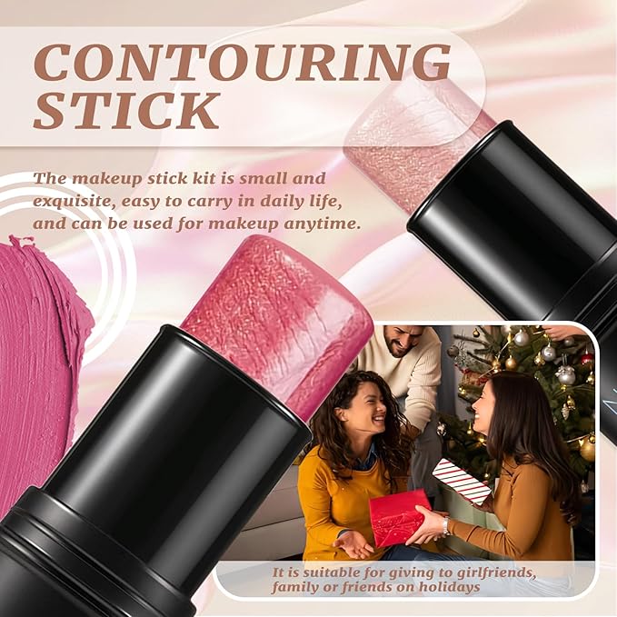 3 Pcs Cream Contour Sticks, Shades with Highlighter Stick, Blush Stick and Bronzer Stick, Contour Stick Eyeshadow Stick Face Contouring Pen Makeup with Contour Brush, Waterproof