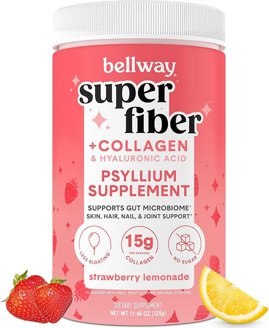 Bellway Super Fiber Powder + Collagen, Sugar-Free Psyllium Husk Powder with Collagen Peptides and Hyaluronic Acid for Gut Health, Healthy Skin, Nails, Bones & Joints, Strawberry Lemonade (11.46 oz)