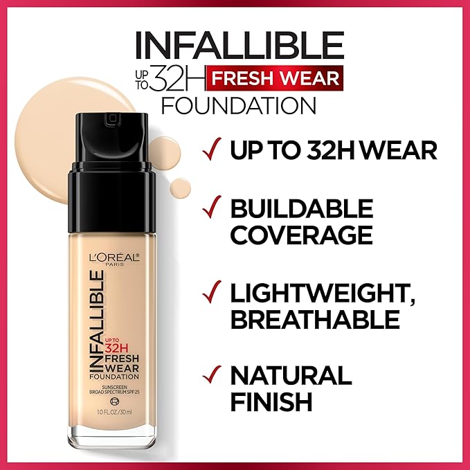 L'Oreal Paris Makeup Infallible Up to 32 Hour Fresh Wear Lightweight Foundation, 430 Ivory Buff, 1 Fl Oz, Packaging May Vary