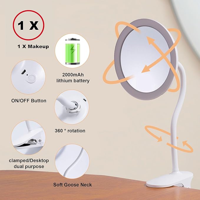 6.5" Clip On Gooseneck Makeup Vanity Mirror With Light, 2000mAh USB Lighted Travel Mirror, White 1X