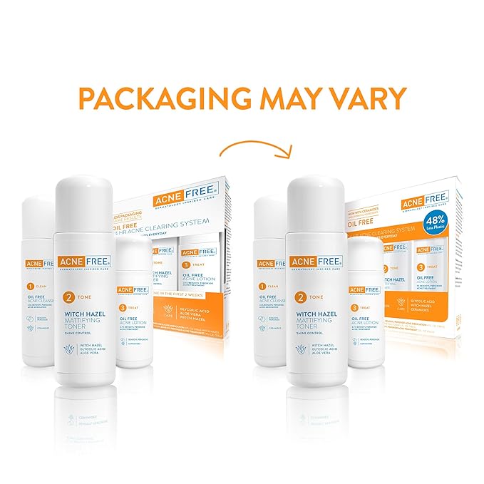 Acne Free 3 Step 24 Hour Acne Treatment Kit - Clearing System W Oil Free Acne Cleanser, Witch Hazel Toner, & Oil Free Acne Lotion - Acne Solution W/ Benzoyl Peroxide for Teens and Adults - Original