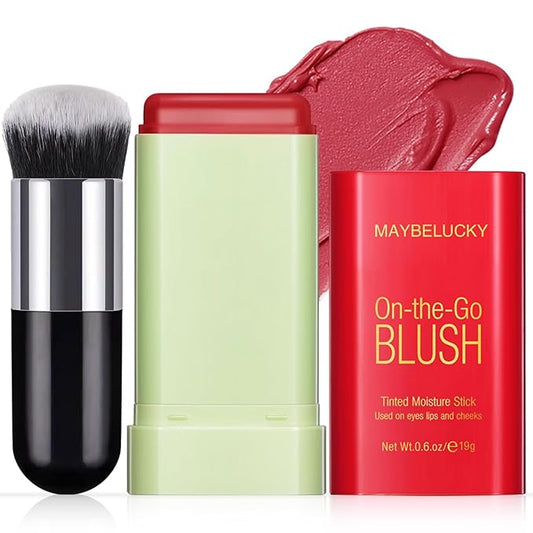 Cream Blush Stick for Cheeks, Eyes & Lips, Multi-Use Tinted Moisturizer, Natural Glow Blendable Blusher with Brush - Hot Red