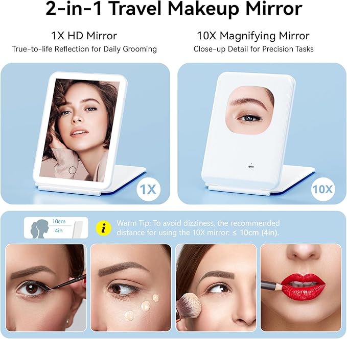 Magnifying Mirror with Light, 1X/ 30X Double Sided Makeup Mirror with 360° Rotation, Lighted Vanity Mirror with Tweezer and Rechargeable Travel Makeup Mirror with 1X/10X Magnification