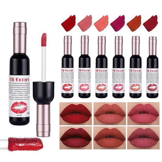 BONNIE CHOICE 6 Colors Wine Bottle Lip Tint Stain Set, Waterproof Long Lasting 24 Hour Wine Bottle Red Matte Lip Stain Non-stick Cup Lip Gloss Matte Liquid Lipstick Mini Makeup Set for Women