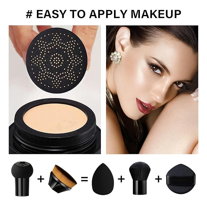 Mushroom Head Air Cushion CC Cream Foundation, 2PCS Full Coverage Concealer Foundation Face Makeup Set with Makeup Brush, Long-lasting Oil Control Moisturizing BB Cream, Even Skin Tone, Natural