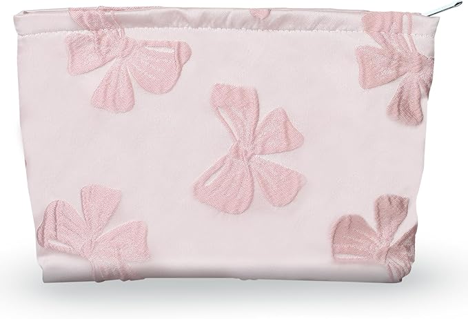 Makeup Bag Large Capacity Elegant Bow Preppy Cosmetic Bag Aesthetic Design Canvas Zipper Organizer Pouch Cute Roomy Pink Portable Toiletry Bag for Women Girls Travel Storage Accessories