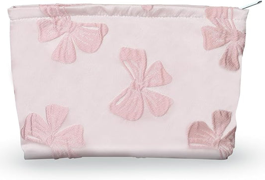 Makeup Bag Large Capacity Elegant Bow Preppy Cosmetic Bag Aesthetic Design Canvas Zipper Organizer Pouch Cute Roomy Pink Portable Toiletry Bag for Women Girls Travel Storage Accessories