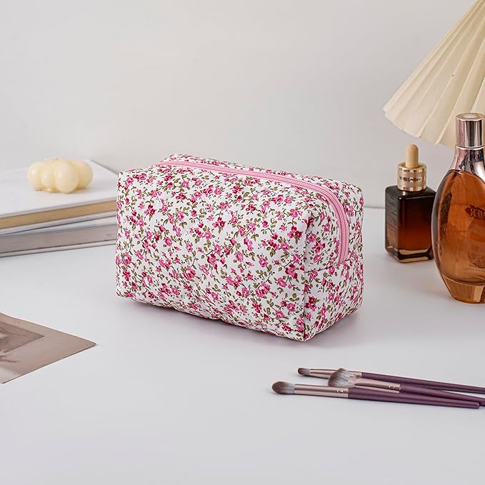Gleyemor Small Quilted Makeup Bag for Women, Cute Floral Bow Cosmetic Bag, Emergency Bag Travel Toiletry Cotton Pouch Gifts for Girls Her Mom Friend Sister Bridesmaid (Red Small Flower)
