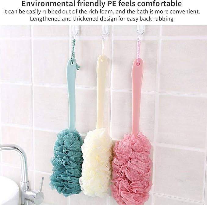 3 Pack Back Scrubber Long Handled Bath Brush Soft Mesh Sponge Exfoliating Body Scrub Back Cleaner Loofah Bathroom Shower Accessories for Women and Men (Pink)