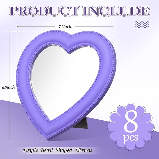 8 Pcs Spa Party Supplies 8 Heart Shaped Mirror Purple for Sleepover Party Favors Makeup Mirror for Spa Slumber Birthday Favor