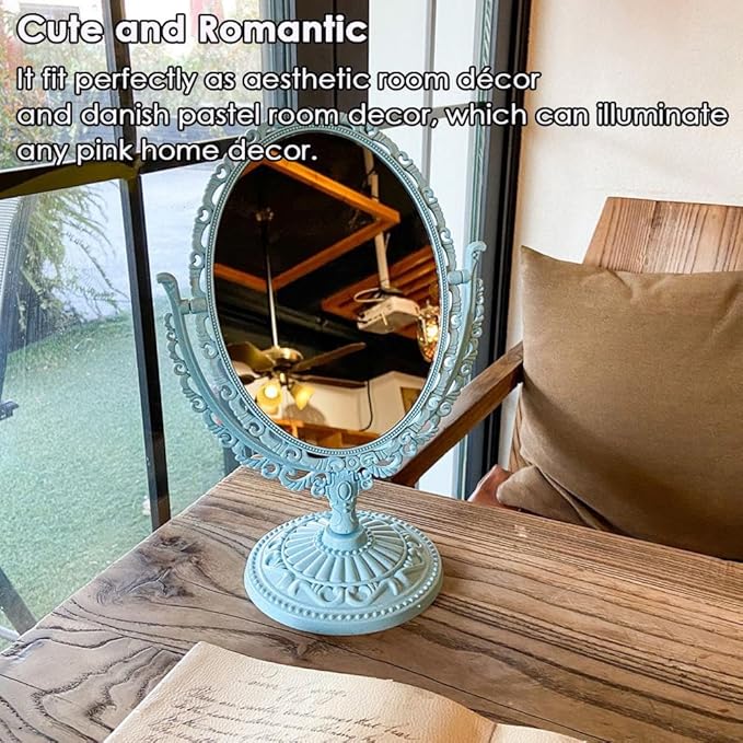 AKOAK 1 Pack Desktop Makeup Mirror, Oval Desk Makeup Mirror, Double-Sided 360-degree Rotating Makeup Mirror Bathroom Bedroom Makeup Mirror, Travel Mirror Suitable for Women (Blue)