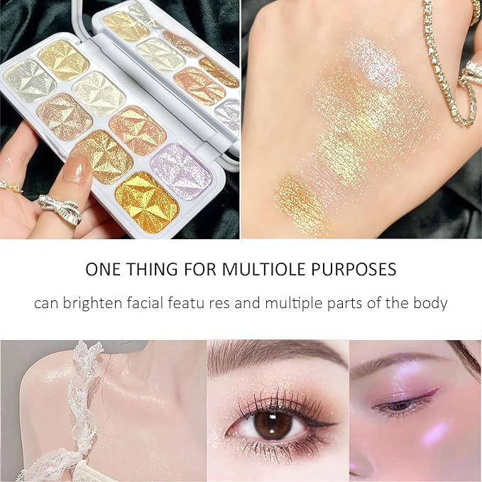 8 Colors Face Highlighter Makeup Palette，Shimmer Glitter Multichrome Highlight Powder，All Sparkling Shades Can Be layered or Worn Individually to Enhance and Brighten Your Face Features