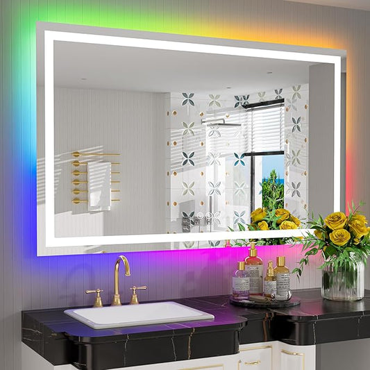 55x36 Inch RGB LED Bathroom Mirror Front Light and RGB Backlit Lighted Vanity Mirror for Bathroom Wall Mounted Dimmable Anti Fog Memory Shatter-Proof IP54 Waterproof Horizontal/Vertical
