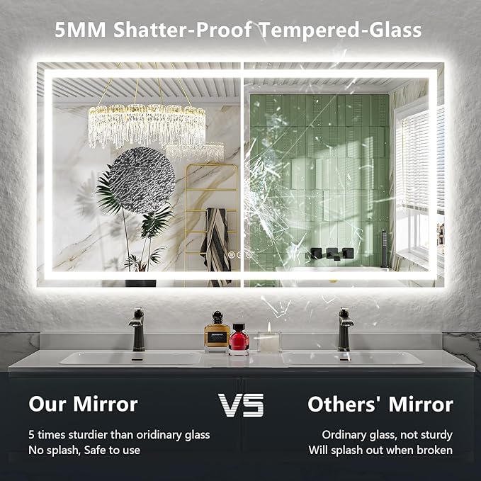 68x36 Inch LED Bathroom Mirror with Lights Front and Backlit Lighted Vanity Mirror for Bathroom Wall with 3 Colors Dimmable Anti-Fog Memory Shatter-Proof IP54 Waterproof Horizontal/Vertical