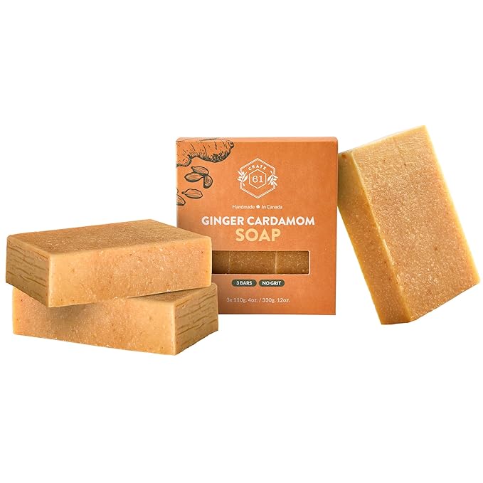 Handmade in Canada, Plant Based Natural Bar Soap Cold Pressed For Face & Body, w/Premium Essential Oils, For Men & Women 3 Pack (Ginger Cardamom)