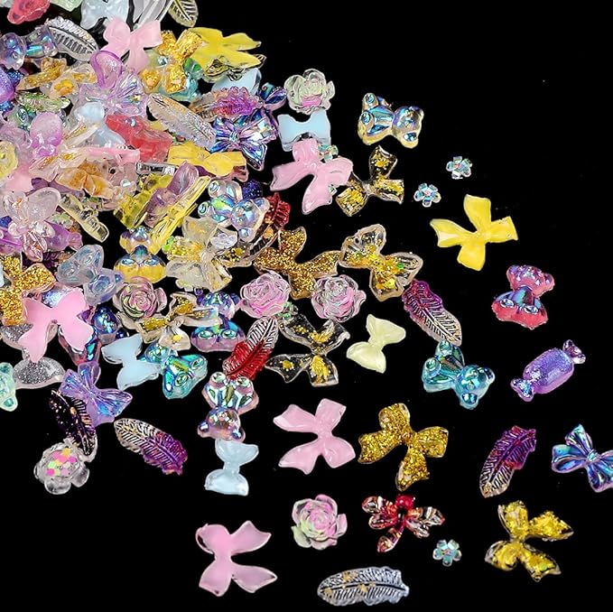 110 Pieces 3D Nail Charms for Acrylic Nails, Camellia Rose Flower Butterfly Bowknot Heart Bear Rabbit Star Charms for Nail Art Designs DIY Accessories Craft(Bear Bow)