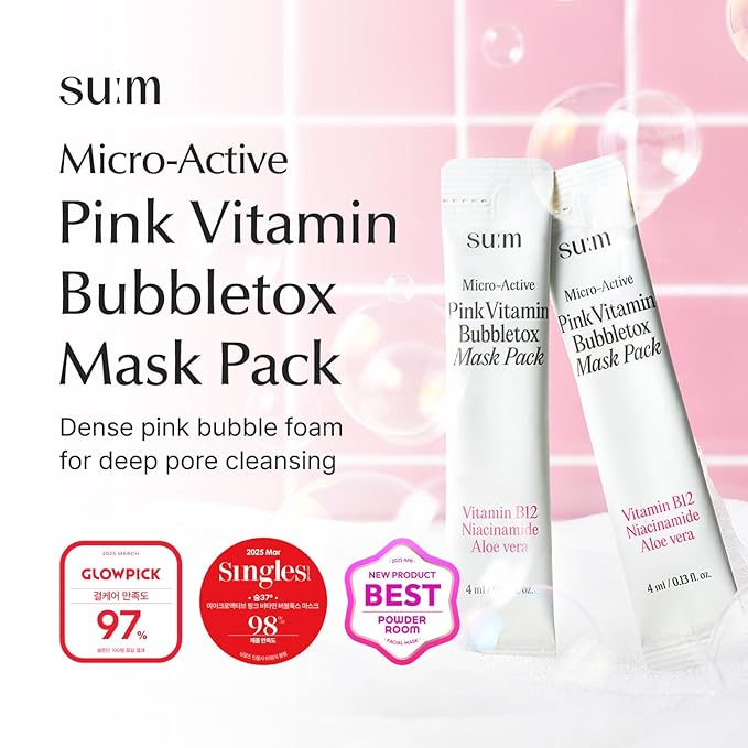 SU:M Micro-Active Pink Vitamin Bubbletox Mask Pack (0.13 fl oz x 14ea) - Korean Skincare – Deep pore cleansing, hydration with Fermented Pink Vitamin 12, Hibiscus, Kaolin & Bentonite