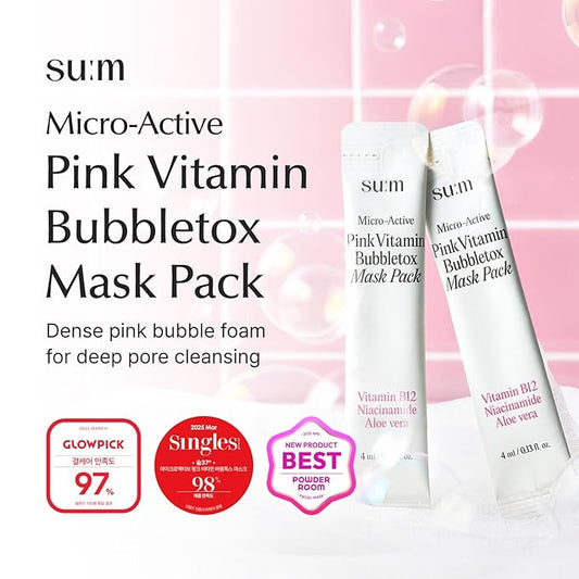 SU:M Micro-Active Pink Vitamin Bubbletox Mask Pack (0.13 fl oz x 14ea) - Korean Skincare – Deep pore cleansing, hydration with Fermented Pink Vitamin 12, Hibiscus, Kaolin & Bentonite