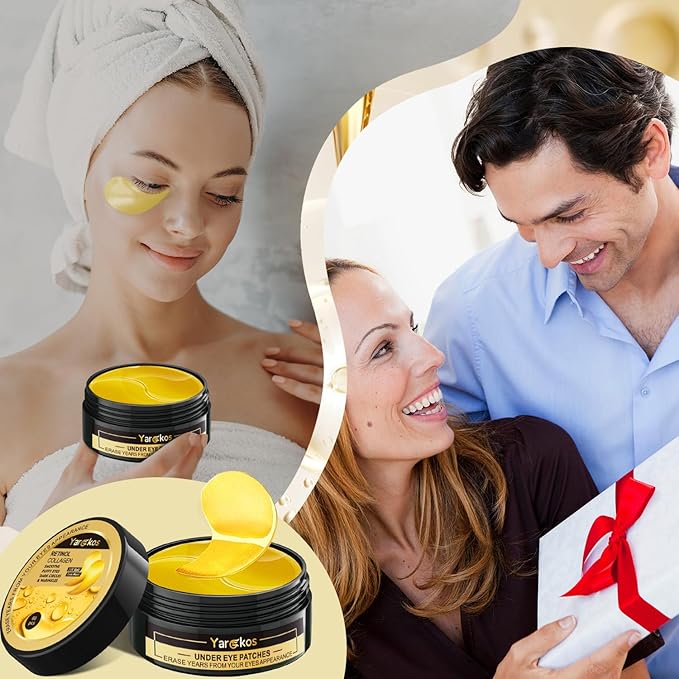 24K Gold Eye Mask 60Pcs, 5 Portable Golden Collagen Under Eye Patches, 30 Pairs Women Men Hydrating Undereye Gel Pads for Dark Circles Puffy Eyes Puffiness Wrinkle Eye Bag Treatment