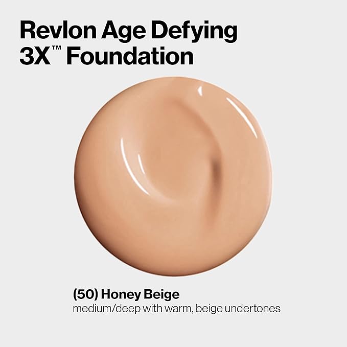 Revlon Liquid Foundation, Age Defying 3XFace Makeup, Anti-Aging and Firming Formula, SPF 30, Longwear Medium Buildable Coverage with Natural Finish, 050 Honey Beige, 1 Fl Oz