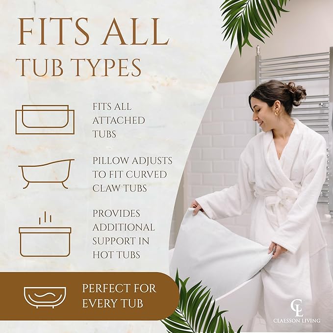 Luxury Bath Pillow for Tub - Thick and Comfortable Bathtub Pillow Support for Head and Neck and Back - Washable Quick-Drying Bath Pillows - Bath Cushion for Home Spa - Fits Any Bathtub - White